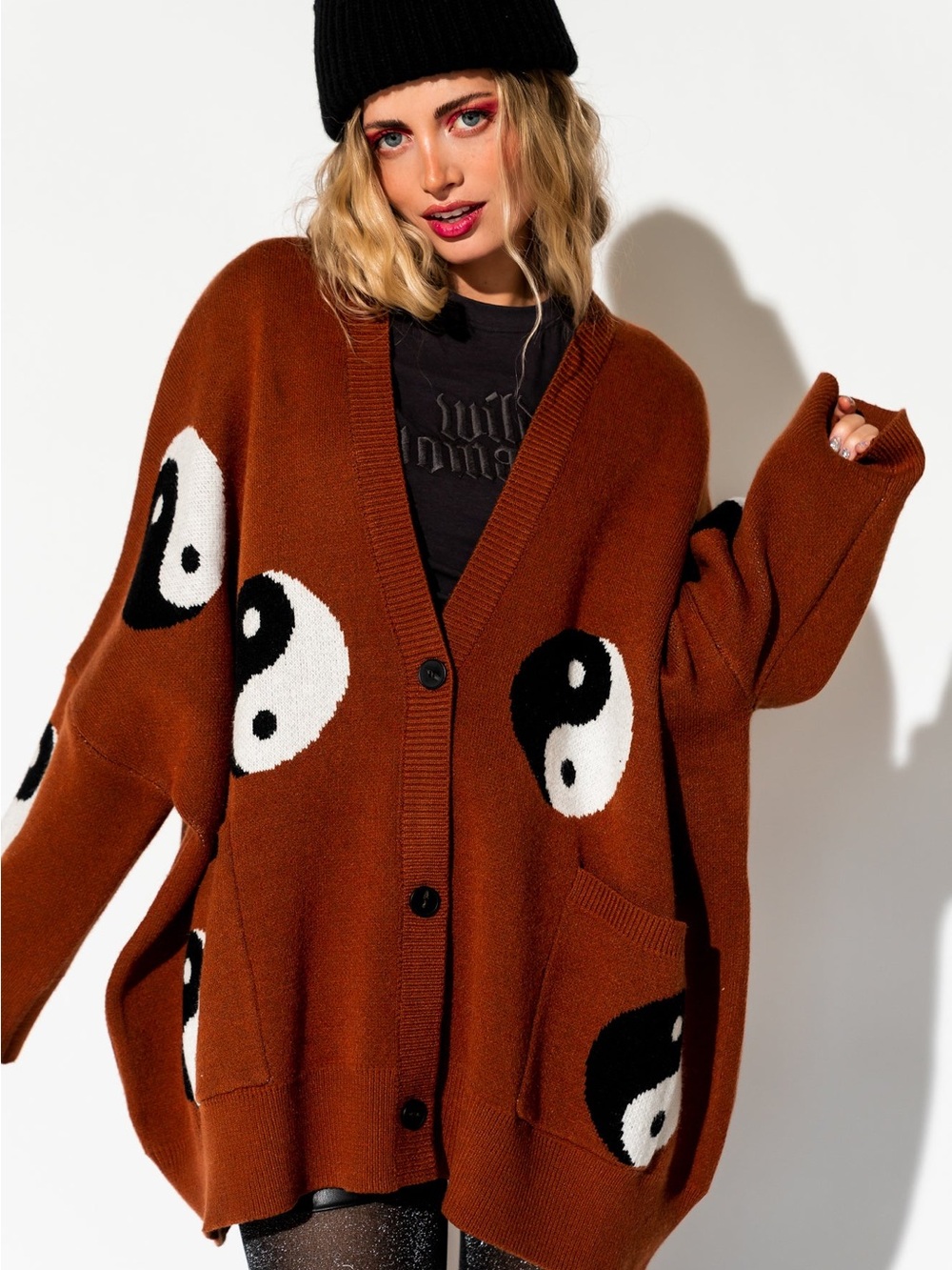 Dressed in LALA Main Character Energy Oversized YinYang Cardigan Cinnamon 2X/3X